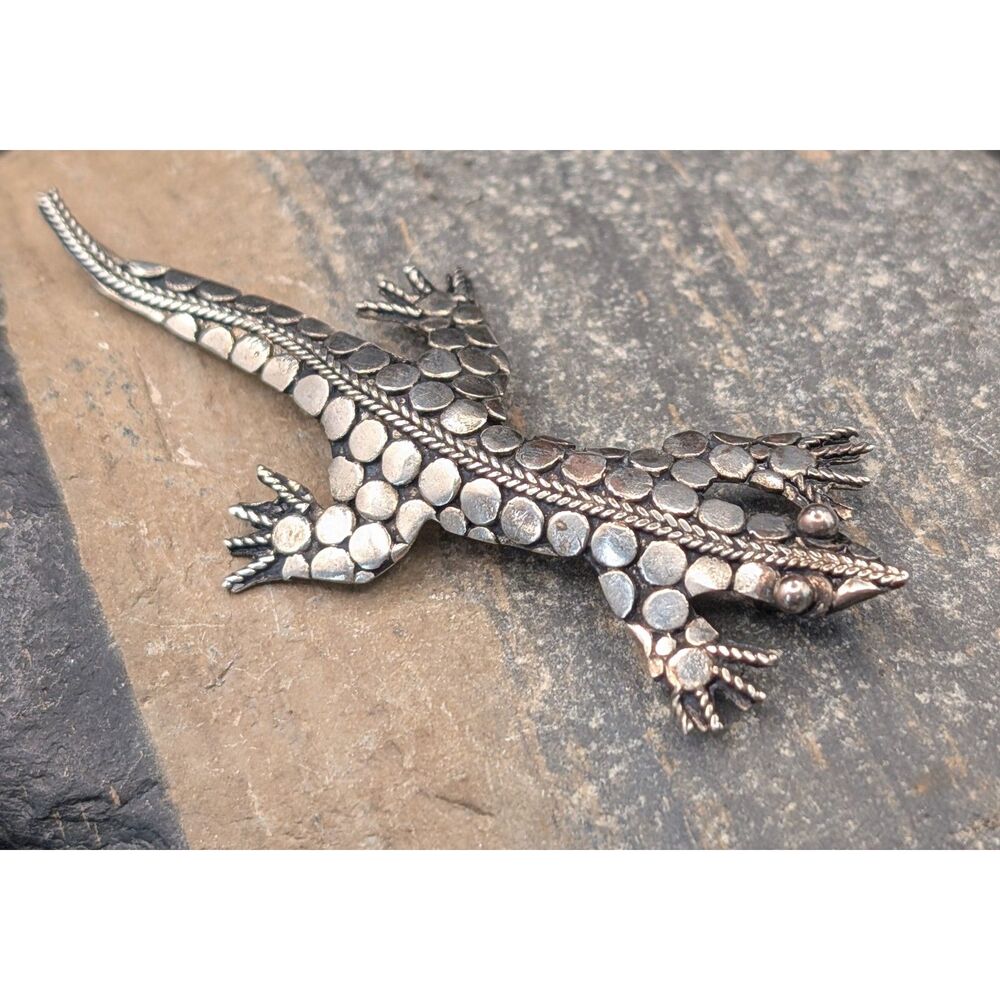 Sterling Silver 925 Lizard Brooch • 3 Inch • C‑Clasp • 6.78g • Textured Design